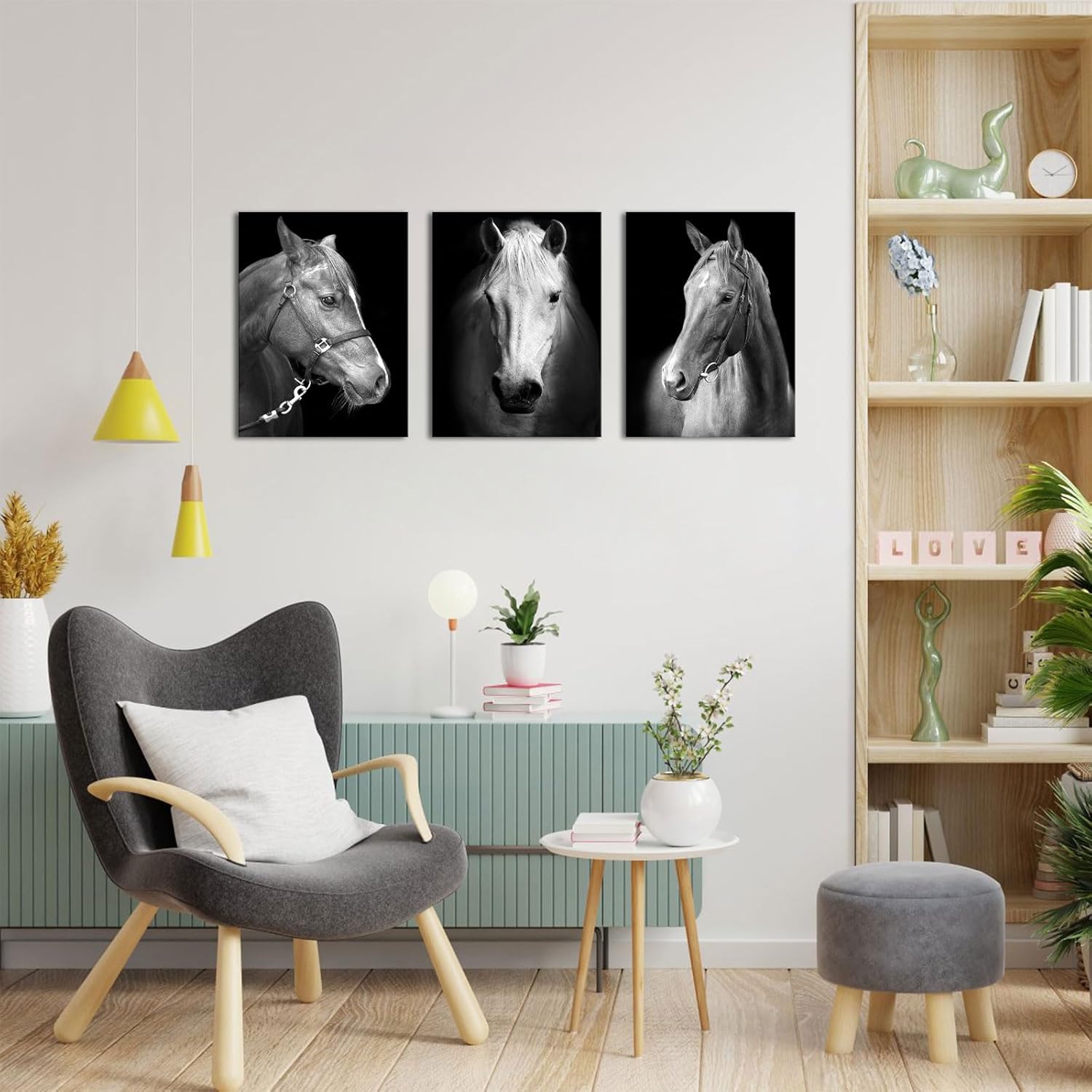 LyerArtork 3 Panel Black and White Horses Painting Picture Print on Canvas Vintage Animals Canvas Wall Art Wooden Stretched Framed Posters Prints for Home Men Office Bedroom Decoration 12"x16"x3pcs