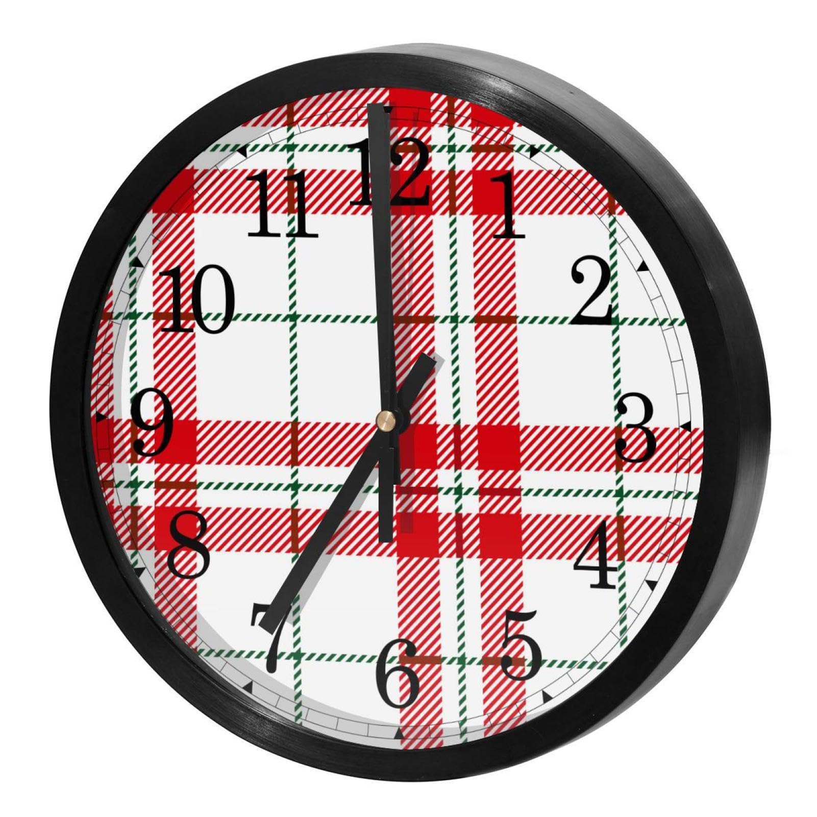 Horloge murale ronde à quartz sans tic-tac motif écossais rouge et blanc