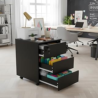Aktenschrank Klein Abschließbar, Rollcontainer Schwarz Holz mit Schubladen, Schreibtisch Unterschrank & Bürocontainer für Home Office, 39x45x54 cm