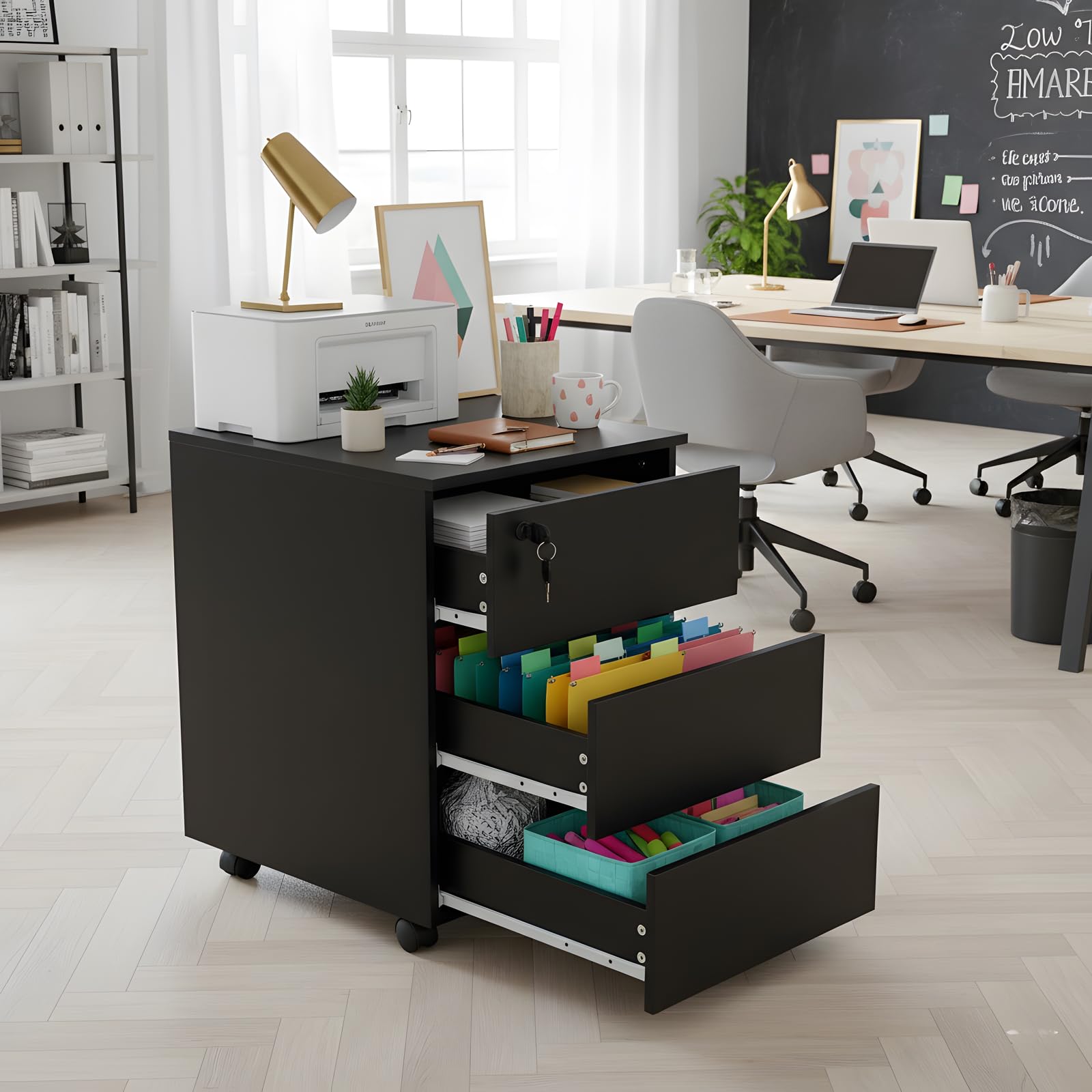 Archivador Vertical Negro con 3 Cajones y Cerradura, Gabinete de Archivo de Madera con Ruedas para Oficina y Hogar, 39x45x54 cm
