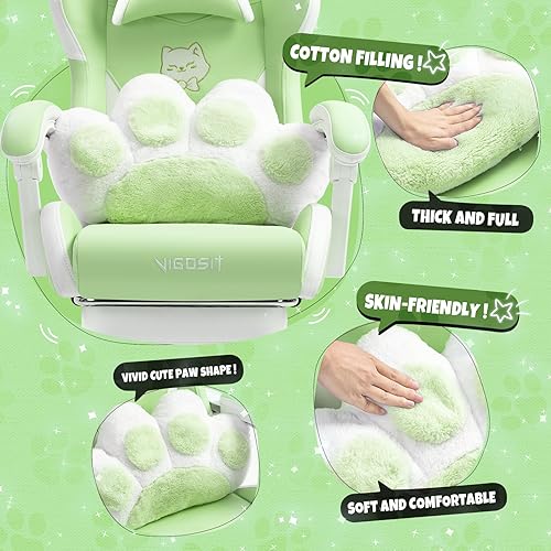 Miniatura 4 de Linda silla de juegos de gato con cojín lumbar de patas, silla de videojuegos de PC para niñas, adolescentes y mujeres (verde)