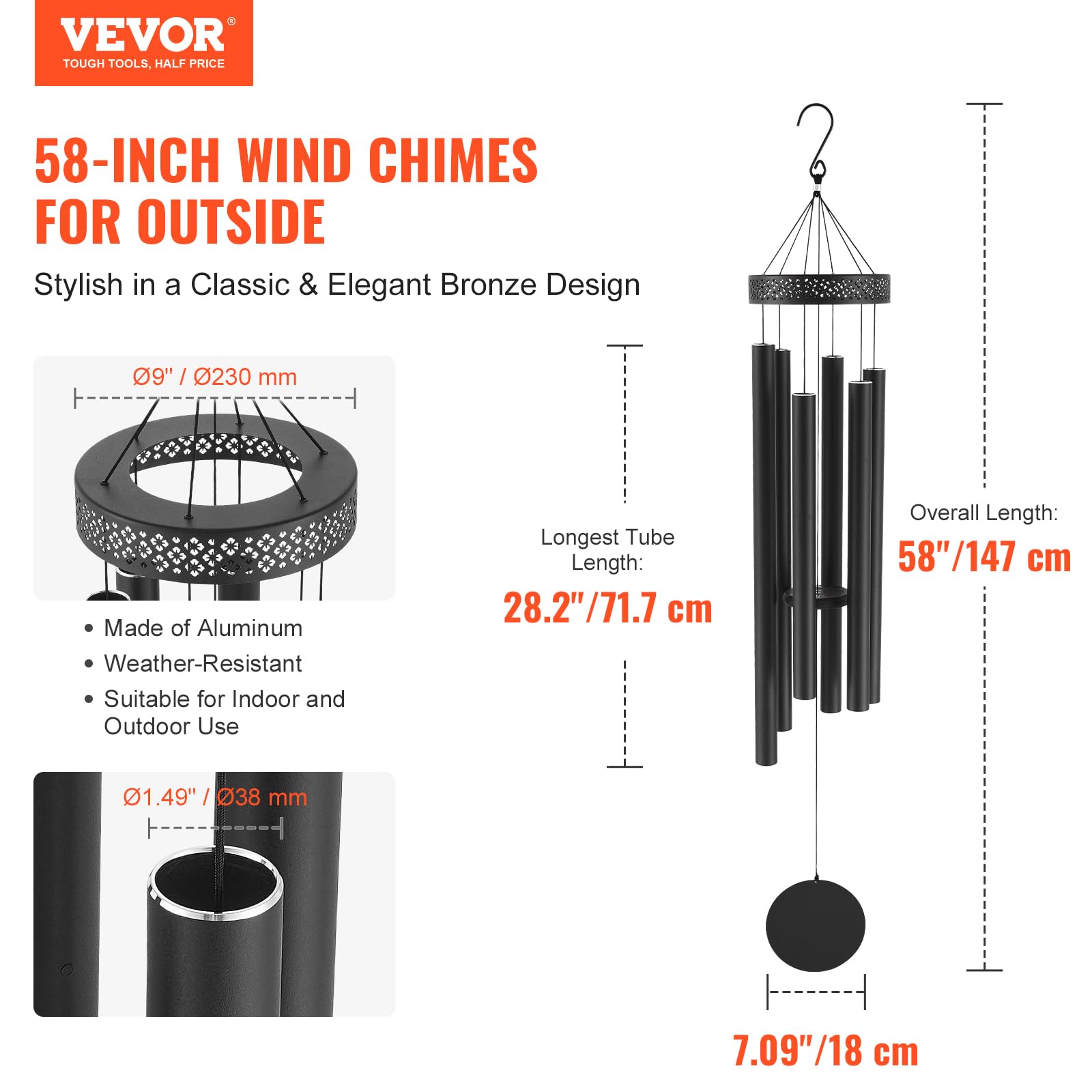 VEVOR Windspiel, 58 Zoll, Windspiel mit tiefem Ton und 6 Röhren, einzigartiges großes Gedenk-Windspiel zum Jahrestag, tolle Außendekoration für Terrasse, Veranda, Garten und Hinterhof, schwarz