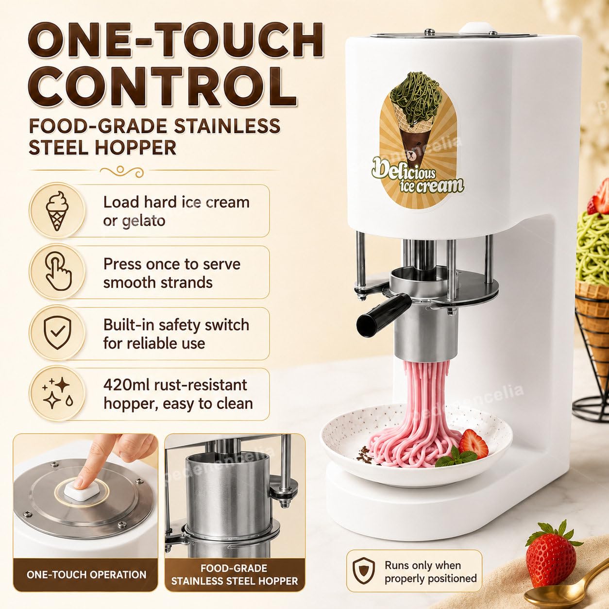 Máquina Comercial para Helados, para Helado Tipo Fideos, 4 Moldes De Formas, Máquina para Hacer Helado Tipo Espagueti, Máquina Eléctrica para Hacer Helados White