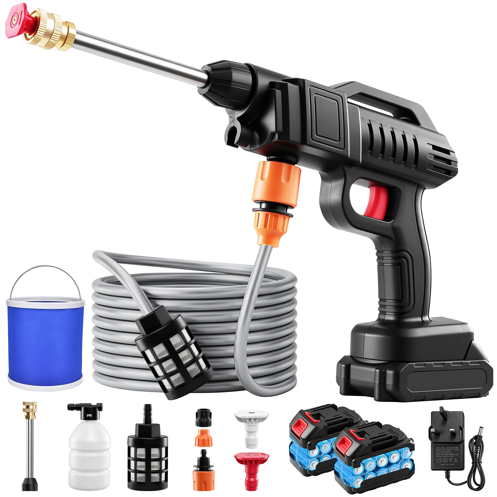 1500W Cordless Pressure Washer,21V Portable Pressure Washer,870 Psi High Power Washer Kit with 2 Nozzles 2000mAh Battery 16.4FT Hose Pressure Car Washers for Car Frool Garden Outdoor with bucket