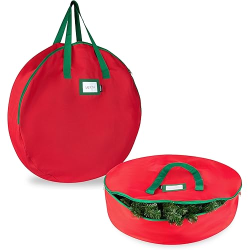 Christmas Wreath Storage Bag- 2-Pack - Durable Tarp Material, Zippered, Reinforced Handle and Easy to Slip The Wreath in and Out. Protect Your Holiday Wreath from Dust, Insects, and Moisture. (RED)