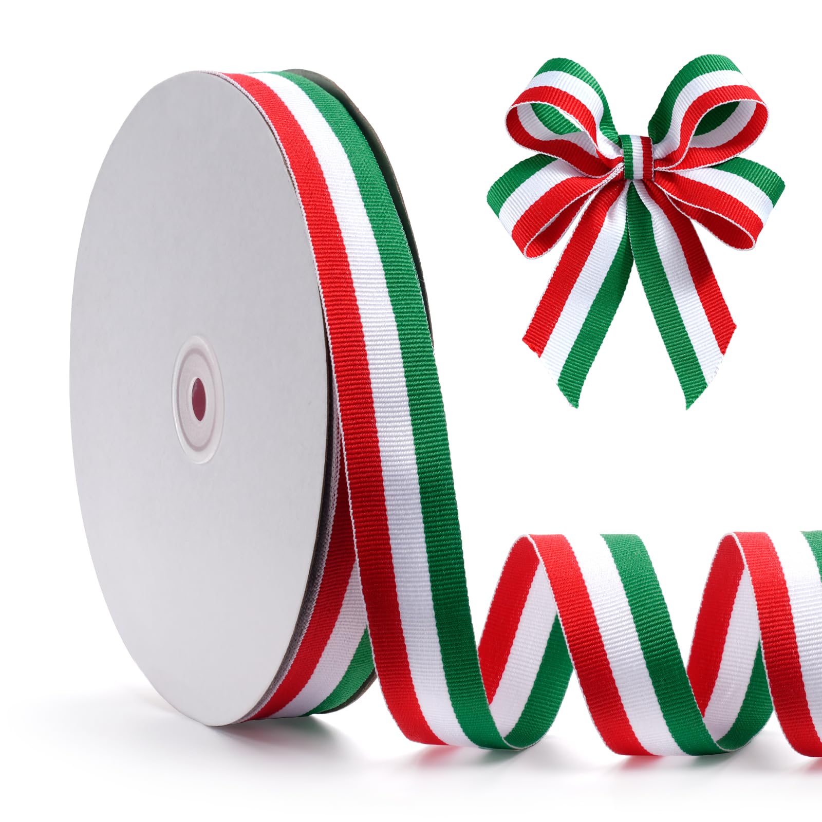 FAKILO Green White Red Striped Grosgrain Ribbon, 1" x 50yds Double-Sided Striped Ribbon, Patriotic Ribbon，for Cheerleading Decorations, National Day, Christmas Decorations, Home Decoration