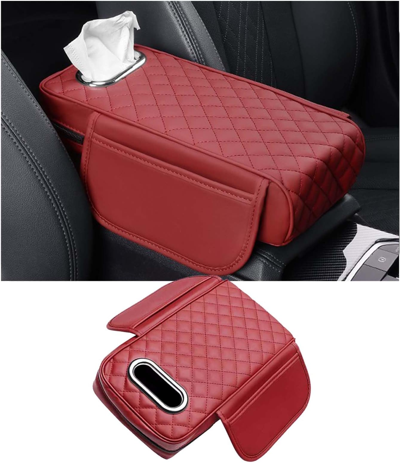 Car Center Console Armrest Pad for GMC, Leather Cover with Storage Pocket & Tissue Box Holder, Memory Foam Cushion for Hummer EV SUV 2023-2025,Red