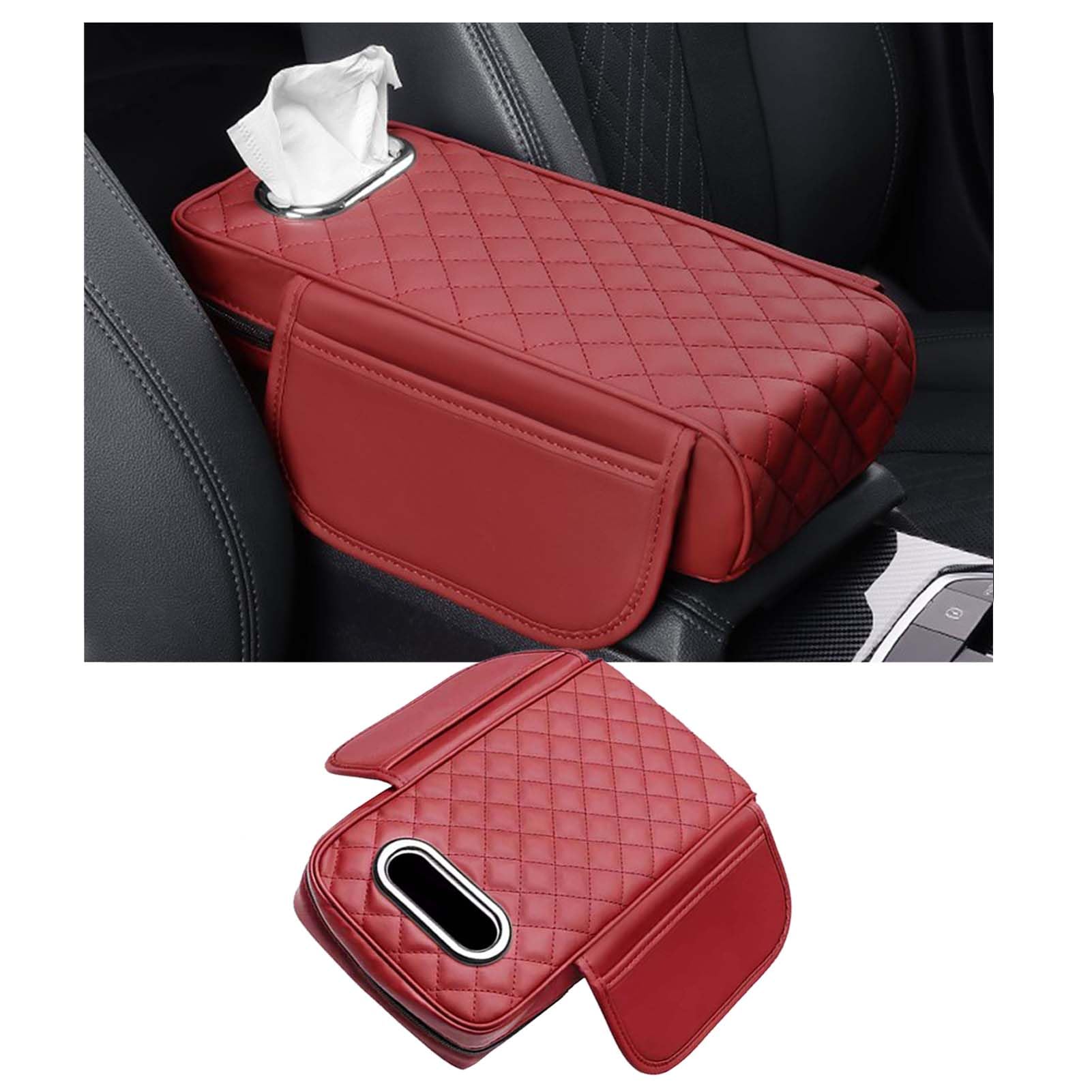Car Center Console Armrest Pad for GMC, Leather Cover with Storage Pocket & Tissue Box Holder, Memory Foam Cushion for Hummer EV SUV 2023-2025,Red