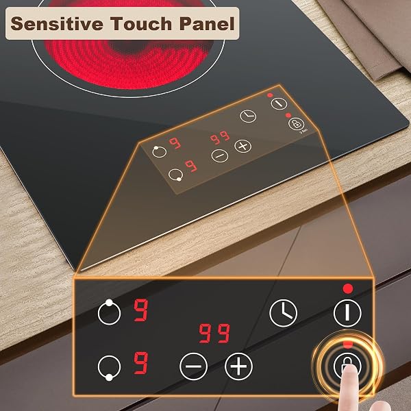 KICHPOWER Ceramic Hob 2 Zones, Electric Plug in Hob 30cm 2 Burners, 2800W, 9 Power Levels, 1-99 min Timer, Residual Heat Indicator, Child Safety Lock, compatible with All Pans & Pots - 4