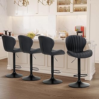 COLAMY Modern Swivel Bar Stools Faux Leather Padded Height Adjustable High Back Bar Stools for Bar Island Dining Room Kitchen Dining Room Set of 4 Black