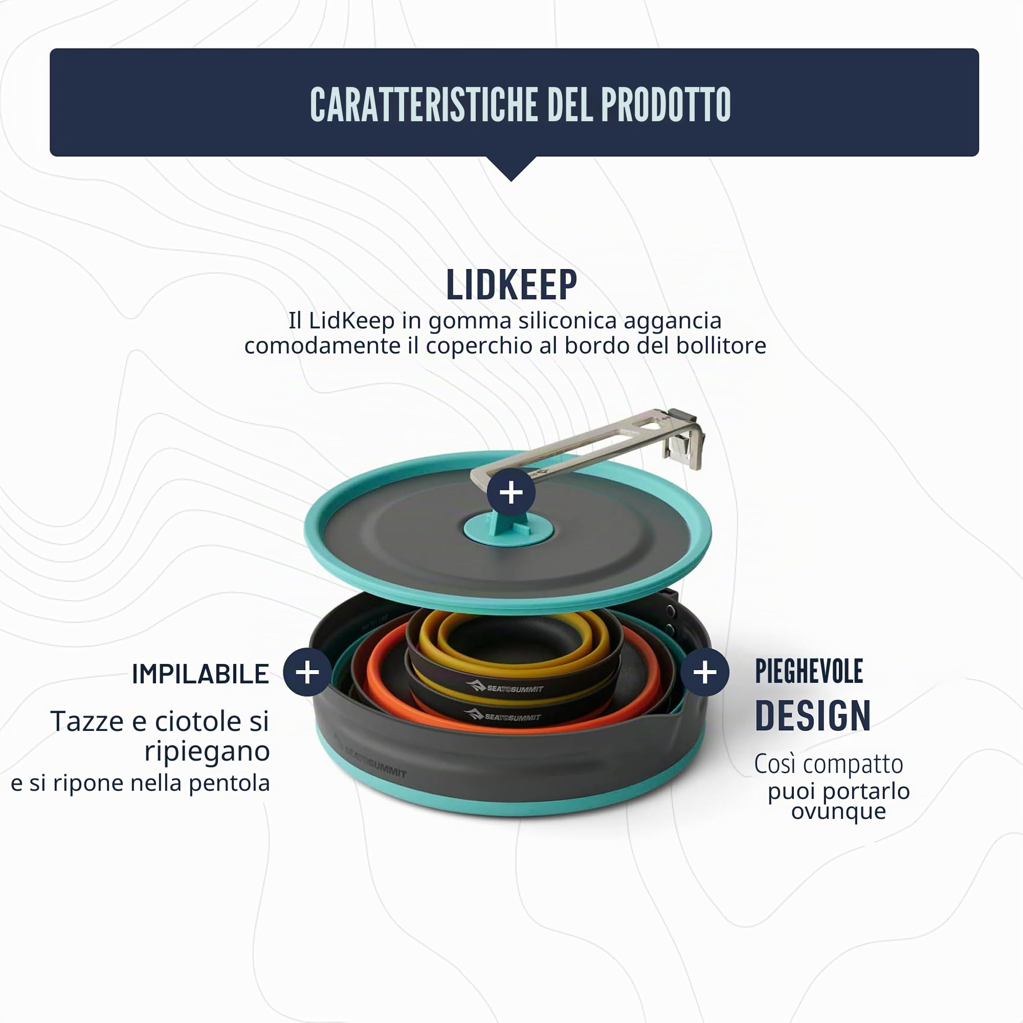 Sea to Summit Kit da cucina pieghevole ultraleggero per 2 persone (1 pentola, 2 ciotole, 2 tazze) in silicone per uso alimentare, alluminio anodizzato duro