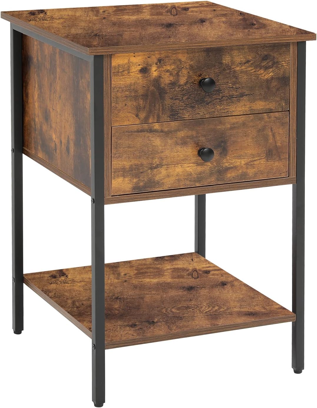 WEENFON End Table with 2 Drawers, Industrial Nightstand with Open Storage Shelves, Bedside Table, Easy Assembly, Wooden Nightstand, Rustic Brown : Home & Kitchen