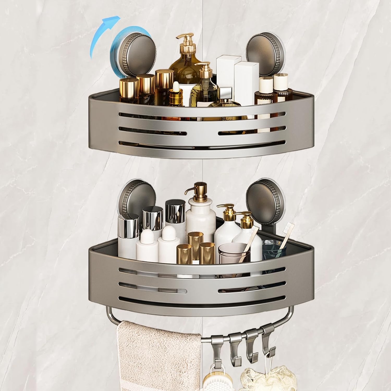 New Shower Organizer Corner No Hole Punching, Corner Shower Shelf, Aanti-Rust, 1 Second Installation Double Storage + 4 Hooks, Easy to Store Shower Gel/Shampoo Premium Grey