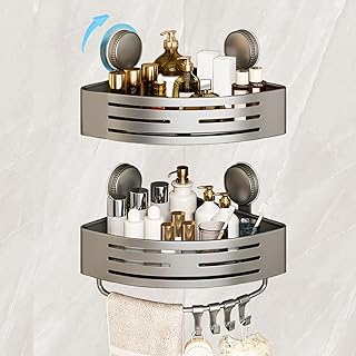 New Shower Organizer Corner No Hole Punching, Corner Shower Shelf, Aanti-Rust, 1 Second Installation Double Storage + 4 Hooks, Easy to Store Shower Gel/Shampoo Premium Grey