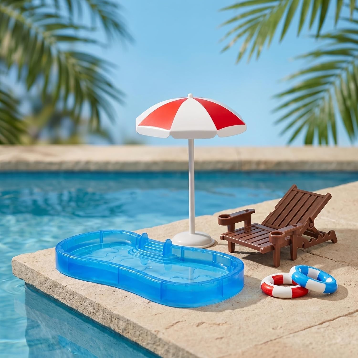 Angoily Dollhouse Swimming Pool Set, 1: 12 Scale Miniature Pool Set, Dollhouse Scene Accessories with Lounge Chair, Umbrella, Swim Rings, Plastic Summer Water for Tiny House Backyard Mini Stuff Decor