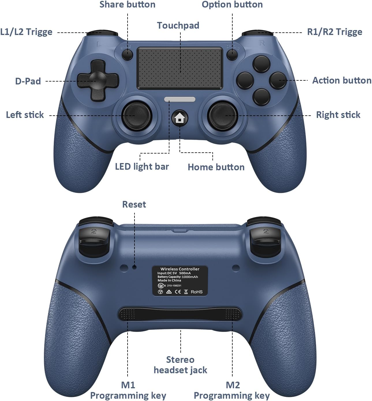 PS-4 Controller Dual-shock 4 Wireless Compatible for PS-4/Pro/Slim/Wireless Play-Station with paddles Remote PC 6-Axis Motion Sensor Turbo，1000mAh, Midnight Blue