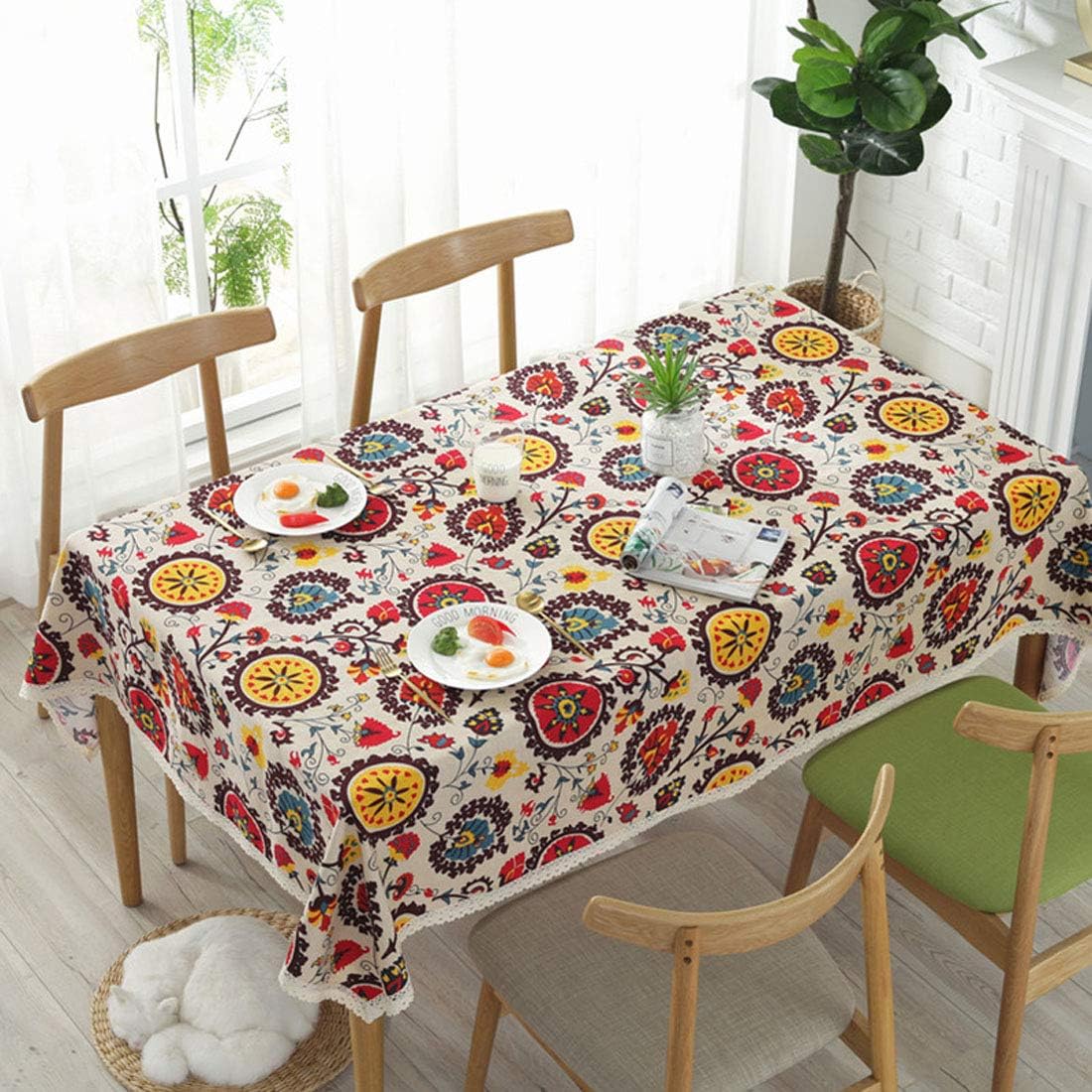 Bringsine Washable Rectangular Cotton Linen Colorful Flower Print Tablecloth, Vintage Dinner Picnic Table Cloth Home Decoration （Rectangle/Oblong, 55 x 87 Inch）
