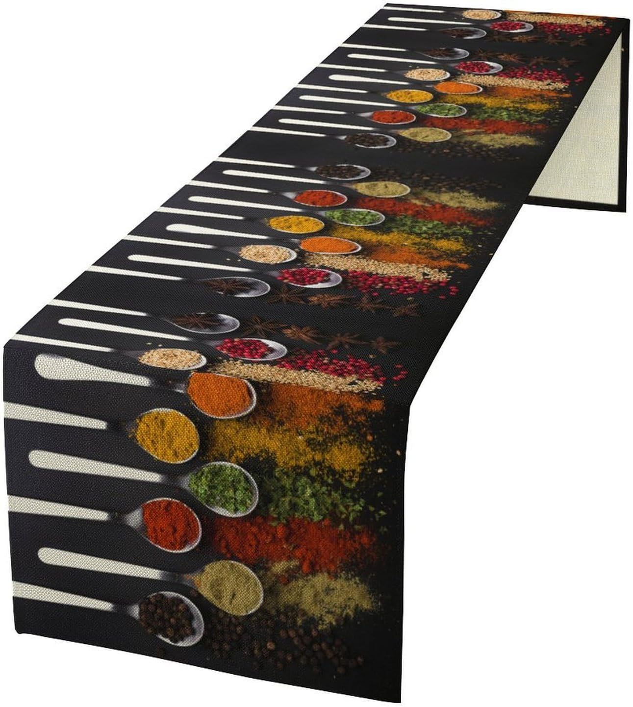 Fun Spoon Spices Table Runner,Kitchen Tableware Black Cooking Seasoning Food Herbs Dining Table Decoration for Farmhouse Home Holiday Party Dresser Cabin Restaurant Wedding Decor 13×120in