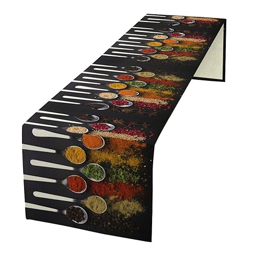 Fun Spoon Spices Table Runner,Kitchen Tableware Black Cooking Seasoning Food