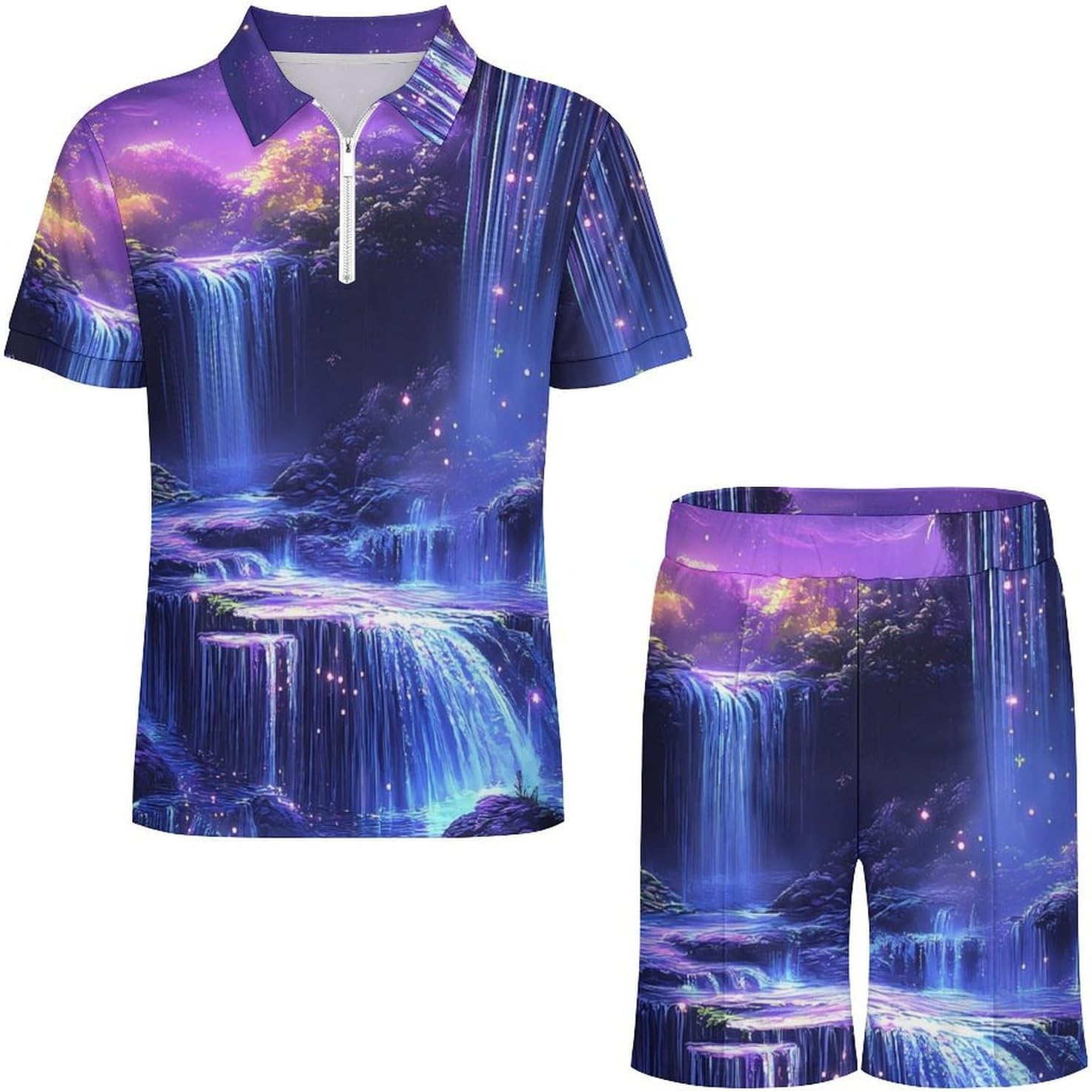 Moon Waterfall Mens Polo Shirts Track Suits 2 Piece Short Sleeve Sweatsuit 1/4 Zip Golf Loungewear for Sports