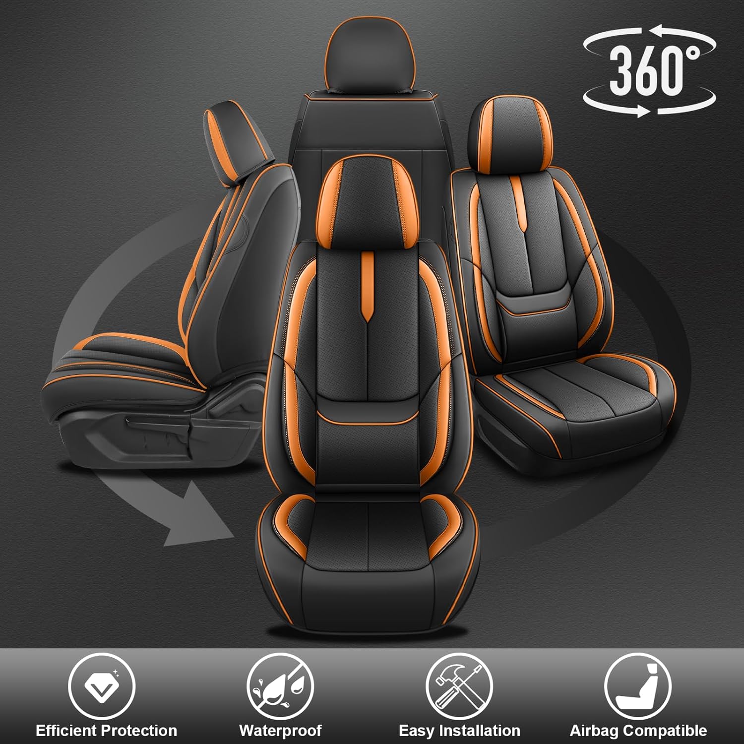 Custom Fit Seat Covers for Toyota Tacoma 1999-2025, Abrasion & Stain-Resistant Leatherette, Soft Breathable Design for Lasting Comfort(5 Seats Standard,Black Orange)
