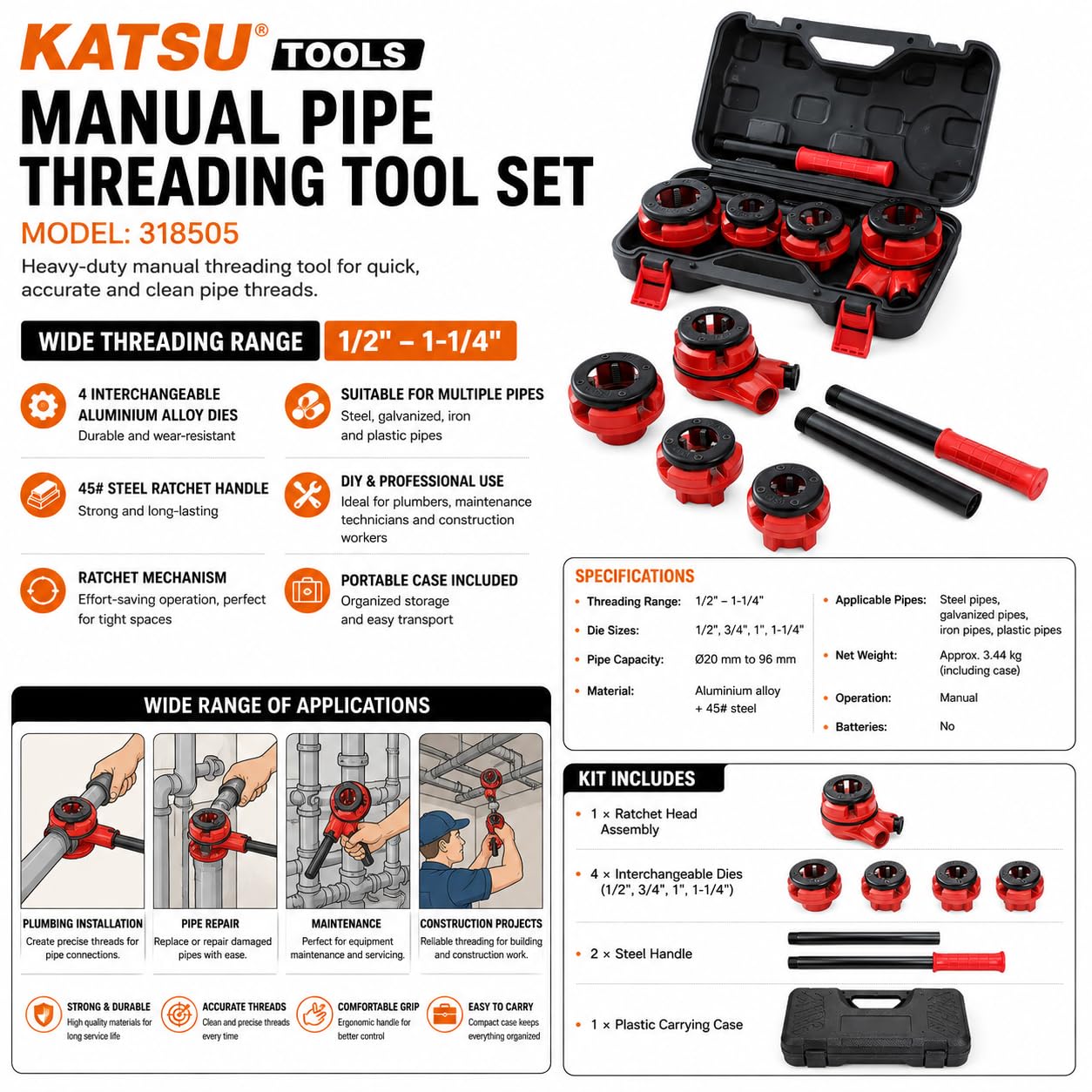 KATSU Tools Set di utensili manuali per filettare tubi da 1/2 "- 1-0,6 cm, kit infila tubi a cricchetto con 4 fustelle in lega di alluminio, manico in acciaio, strumento idraulico per filettatura
