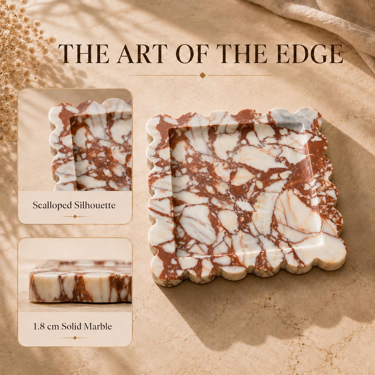 Natural Marble Square Decorative Tray - 20x20cm (7.87") Scalloped Edge Vanity Tray for Jewelry, Perfume, Candle, Bathroom Countertop & Home Decor (Calacatta Red)