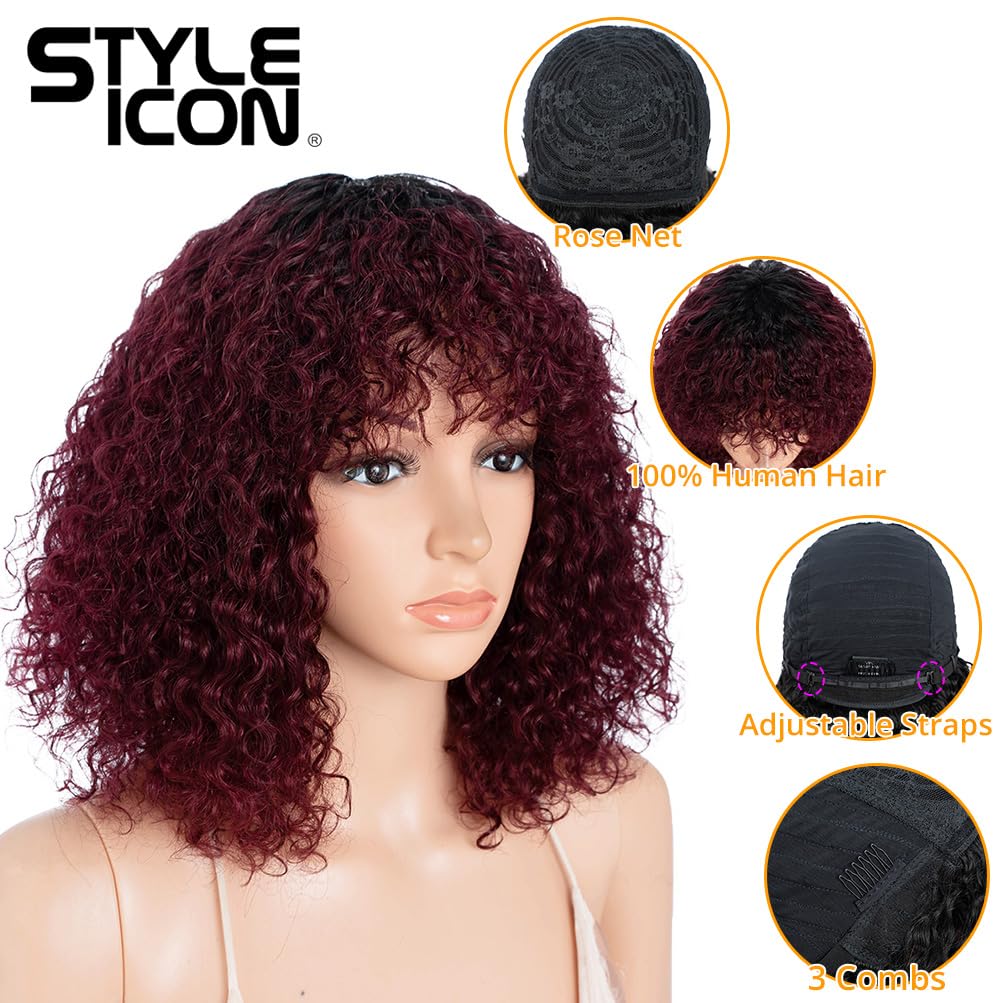 Pelucas afro de cabello humano, pelucas cortas y rizadas para mujeres negras, peluca con flequillo (12 pulgadas, TT1B/99J) 3