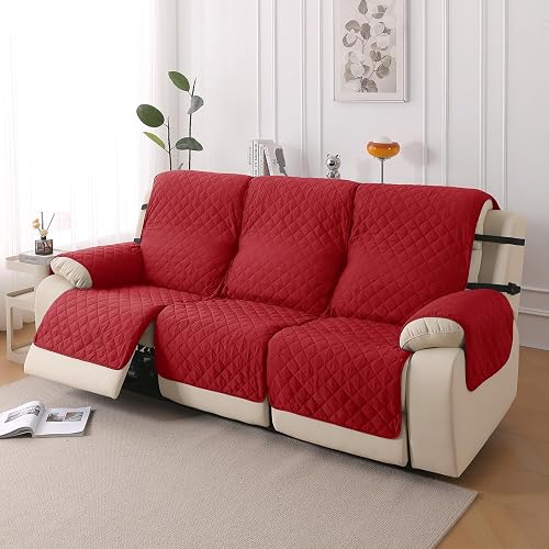 HOKIPO 'UrbanQuilt' Recliner Sofa Slipcover Mat for 3 Seater | 1-Piece Design & Dual Belt Protection to Avoid Slipping of Cover, Scarlet Red (AR-6071-M7)