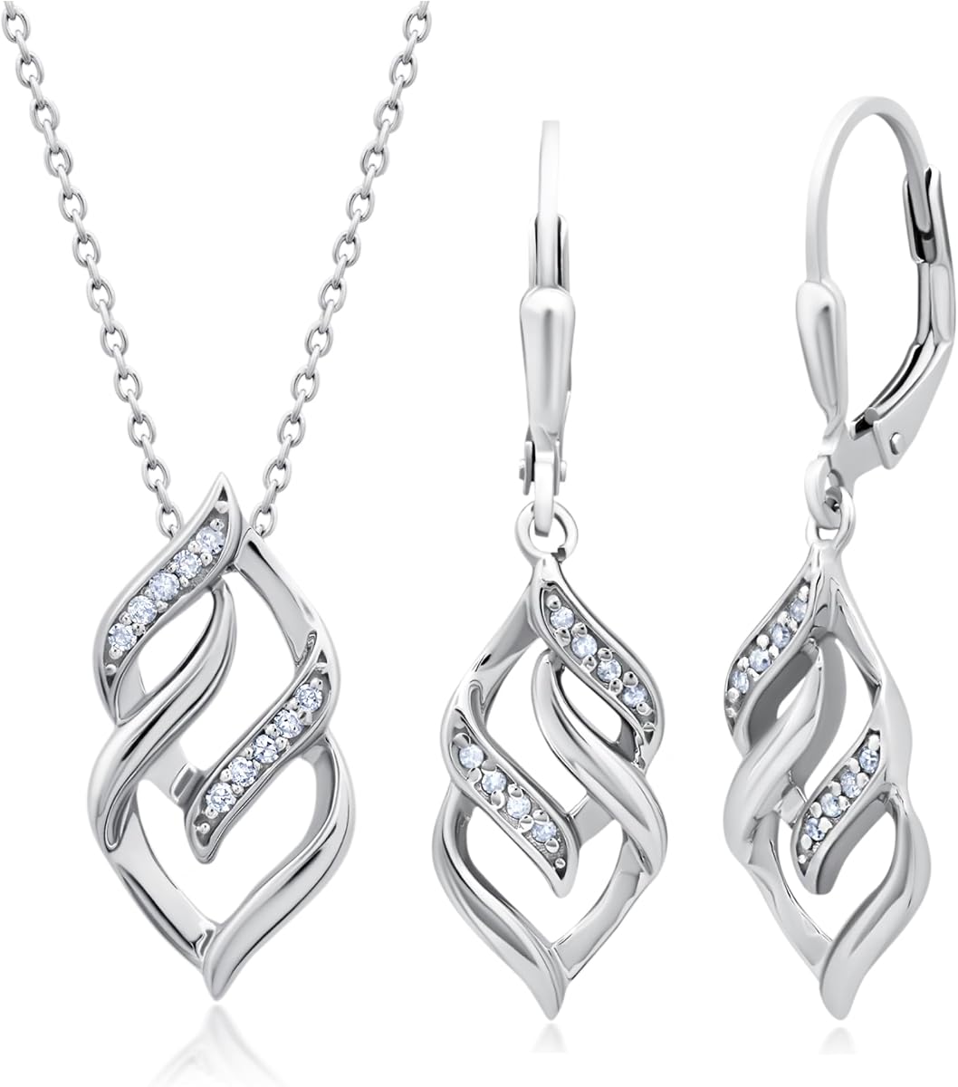 MAX + STONE Diamond Eternity Pendant Necklace and Dangle Earrings for Women in Sterling Silver | 0.17 Carat Real Diamond Necklace and Earring Sets