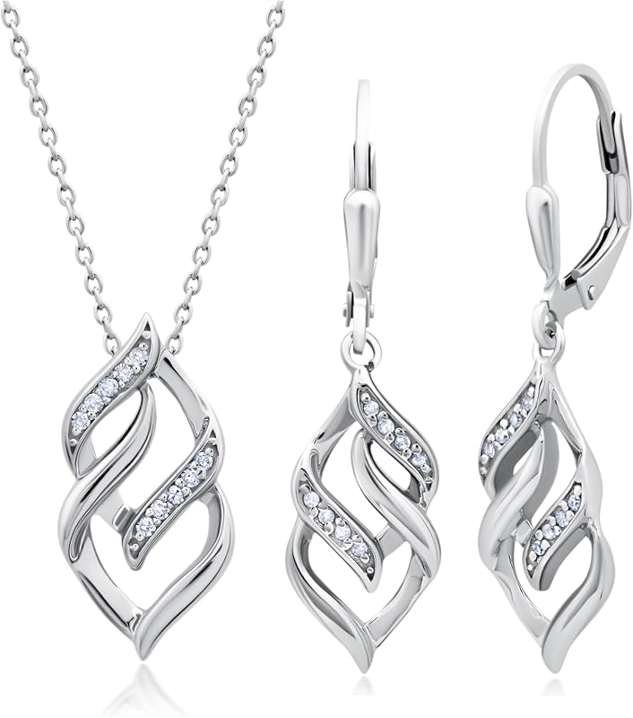 MAX + STONE Diamond Eternity Pendant Necklace and Dangle Earrings for Women in Sterling Silver | 0.17 Carat Real Diamond Necklace and Earring Sets