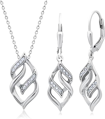 MAX + STONE Diamond Eternity Pendant Necklace and Dangle Earrings for Women in Sterling Silver | 0.17 Carat Real Diamond Necklace and Earring Sets