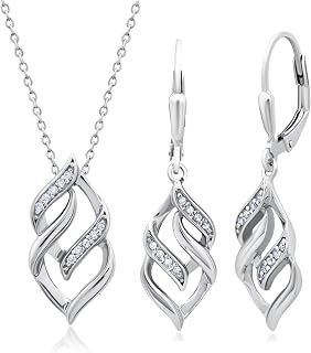 Diamond Eternity Pendant Necklace and Dangle Earrings for Women Jewelry Set in Sterling Silver | 0.17 Carat Real Diamond Necklace & Earring Set | Diamond Earrings with Diamond Pendant