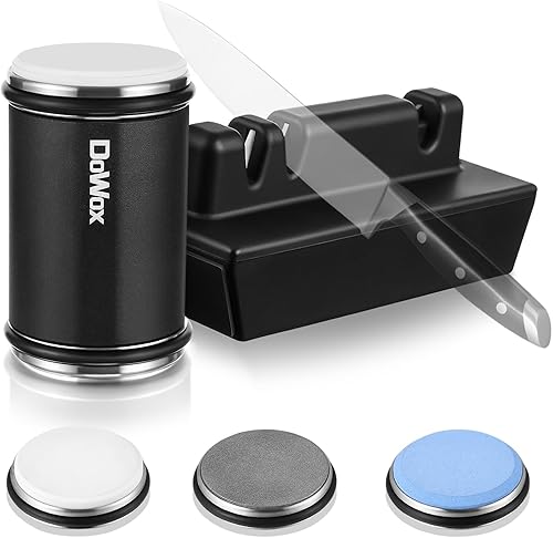 DOWOX Afilador de cuchillos rodantes con 3 discos de afilado reemplazables, kit de herramientas de afilador de cuchillos con ángulo fijo de afilado