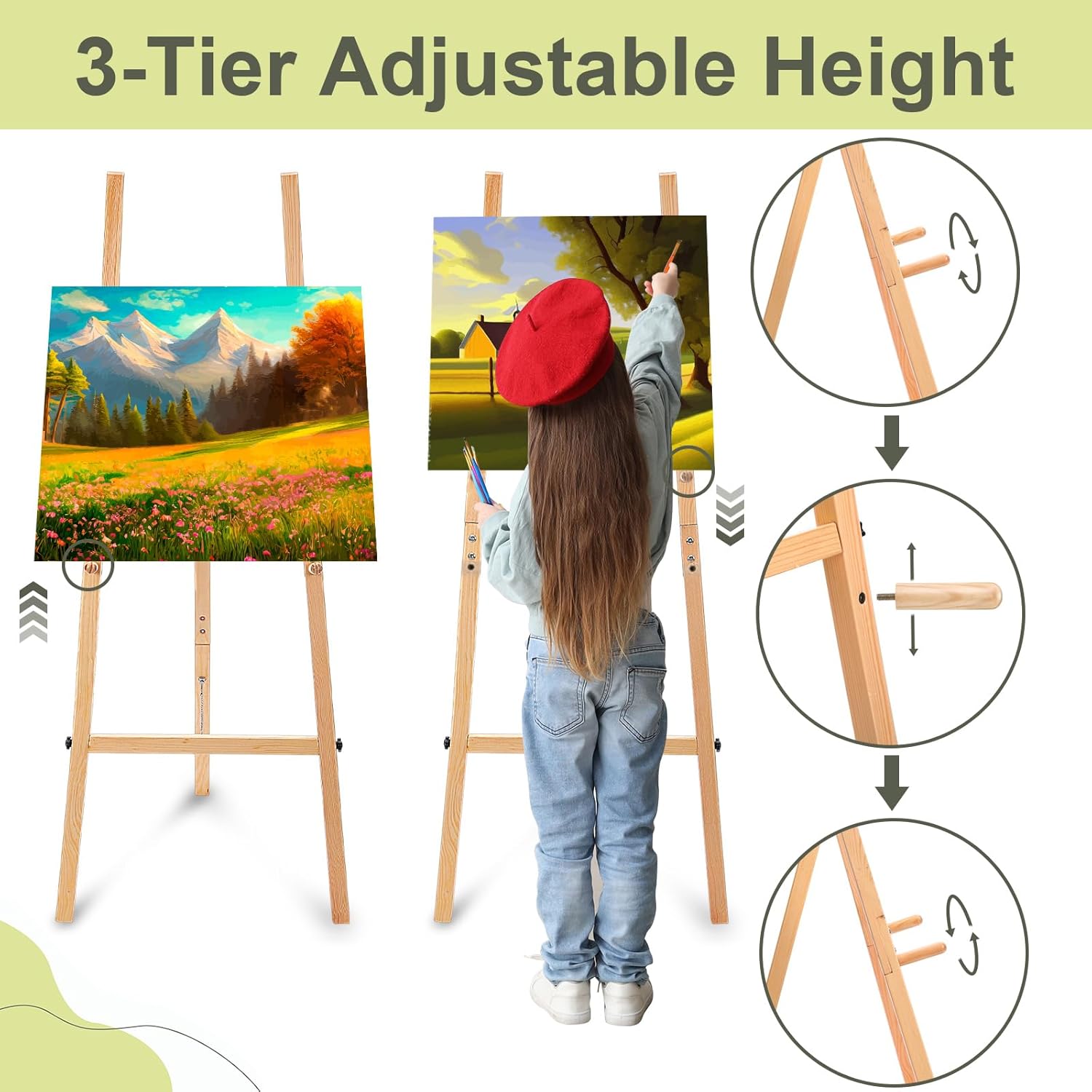 Wooden 50" Easel Stand for Wedding Sign Adjustable 3Tier Height Display Easel with Chain Heavy Duty Floor Tripod for Welcome Wedding Sign Painting Canvas Baby Shower Party Poster (Wood)