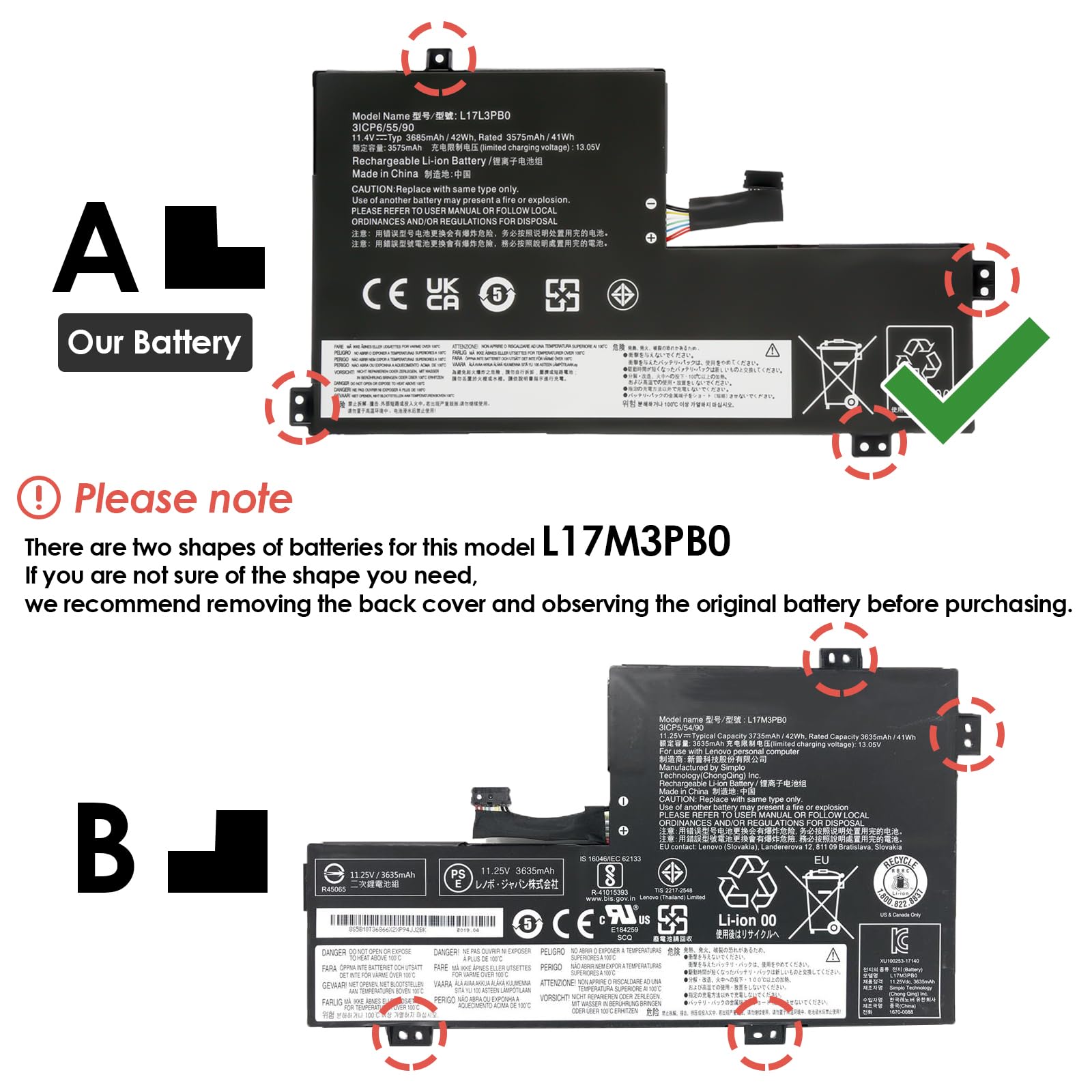 BLESYS L17L3PB0 Batería para Lenovo 300E/500E Chromebook 2nd Gen, 100E Chromebook 1st Gen Serie Batería de Repuesto L18D3PG1 L17M3PB0 [11.4V 42Wh]