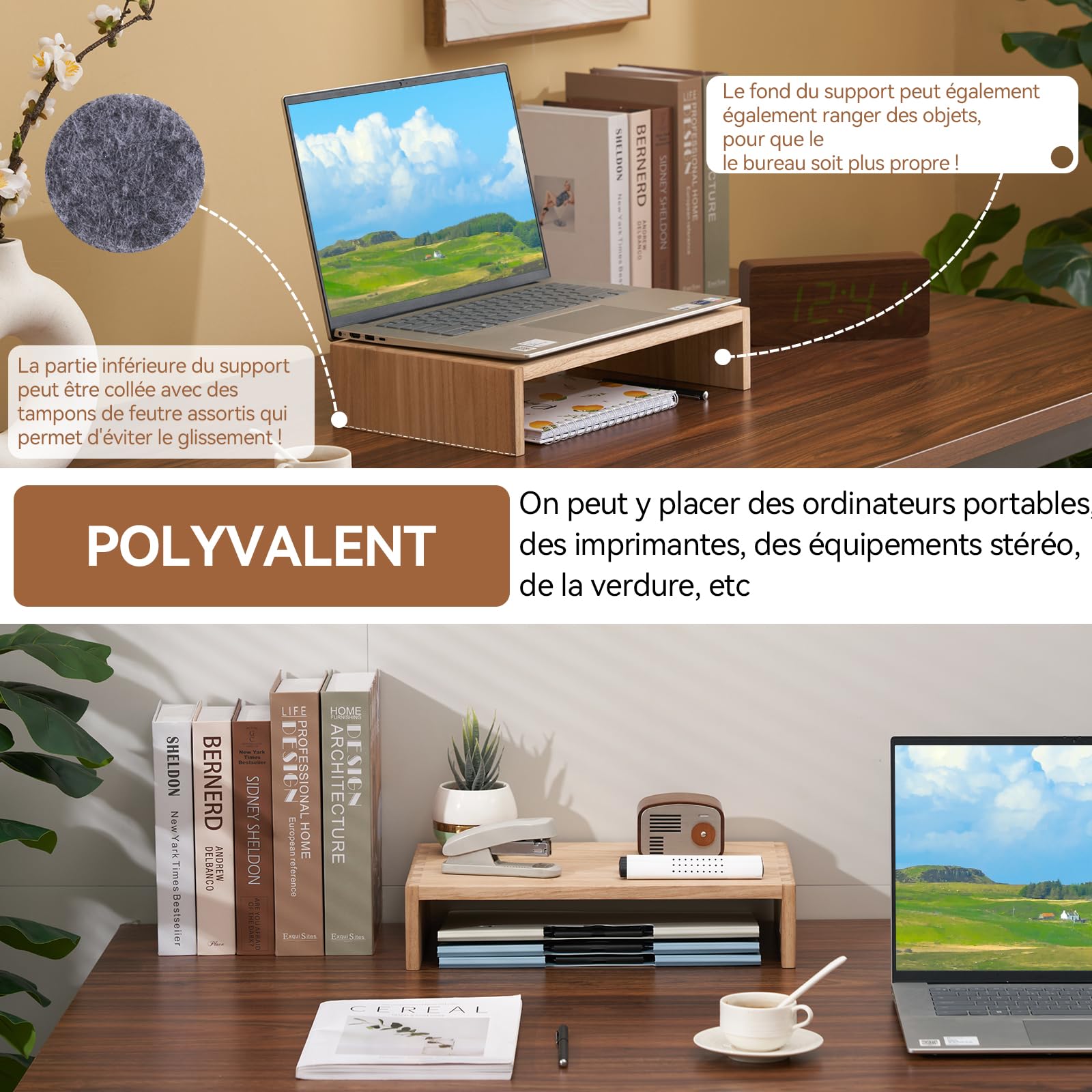 KIRIGEN Support d’écran en bois, rehausseur PC, 39 x 24 x 8,5 cm, naturel | Paulownia massif, fait main, livré monté, tenon-mortaise, charge max. 20 kg, huile végétale, 4 patins antidérapants