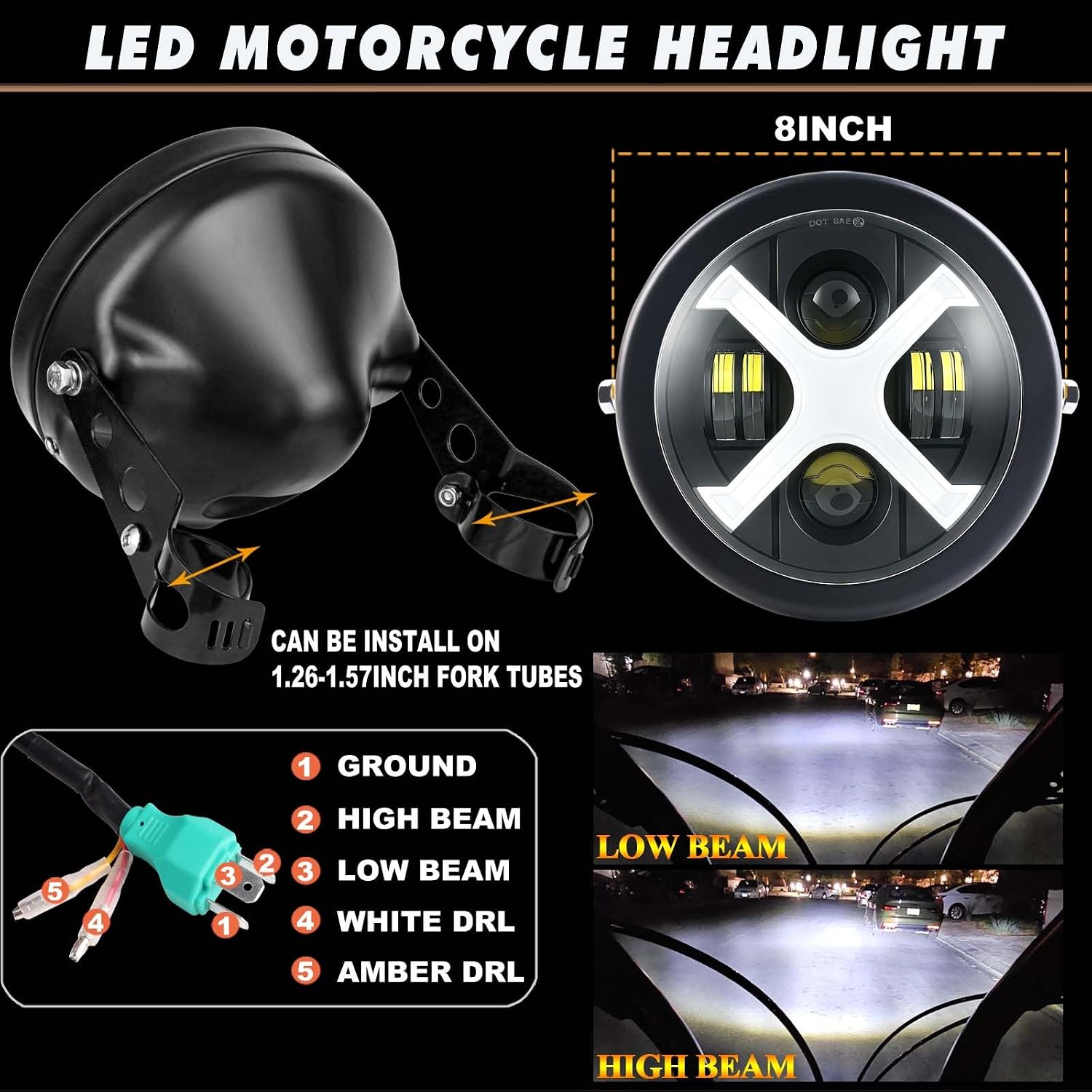 Motorcycle Headlight with Housing Bucket for Cafe Racer Bobber | X-Style White/Amber DRL