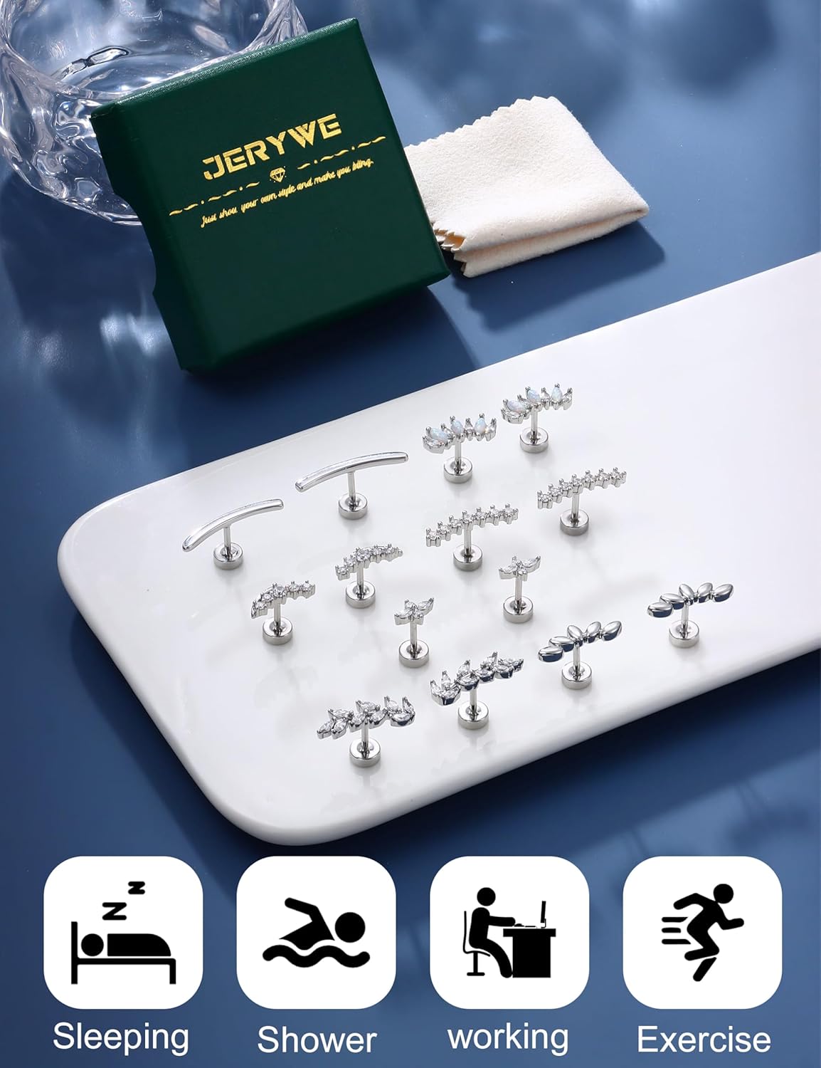 JeryWe Cartilage Earrings for Women Hypoallergenic Flat Back Earrings Surgical Steel for Sensitive Ears Flatback Stud Earring Helix Conch Tragus Daith Piercing Jewelry 16G - Image 6