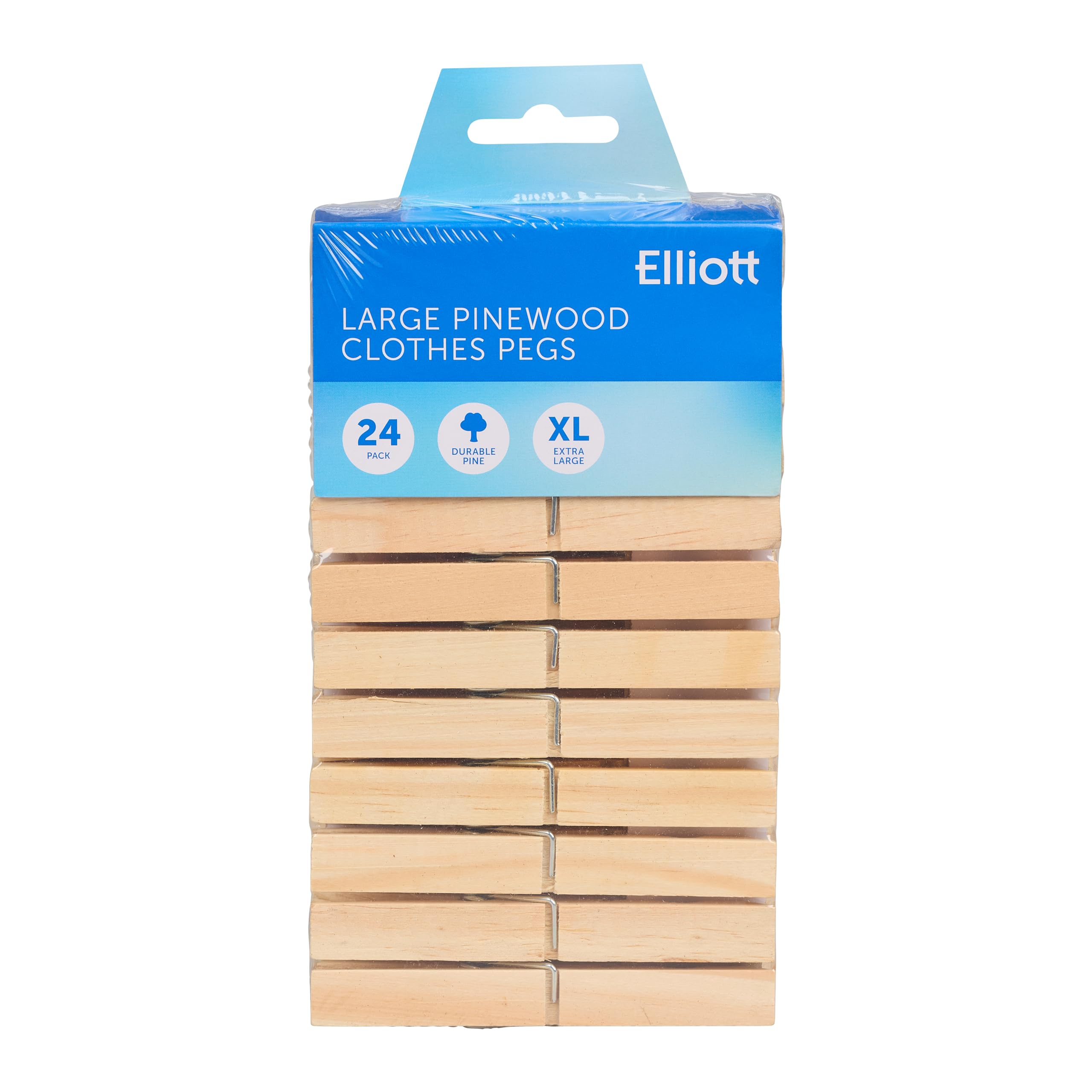 Elliott Extra Large Pinewood Clothes Pegs, 24 Pack with Coil Spring to Give a Firm Hold, Contoured Shape to Prevent Marking Clothes, Ideal for Hanging All Laundry Types and Ideal for Crafting
