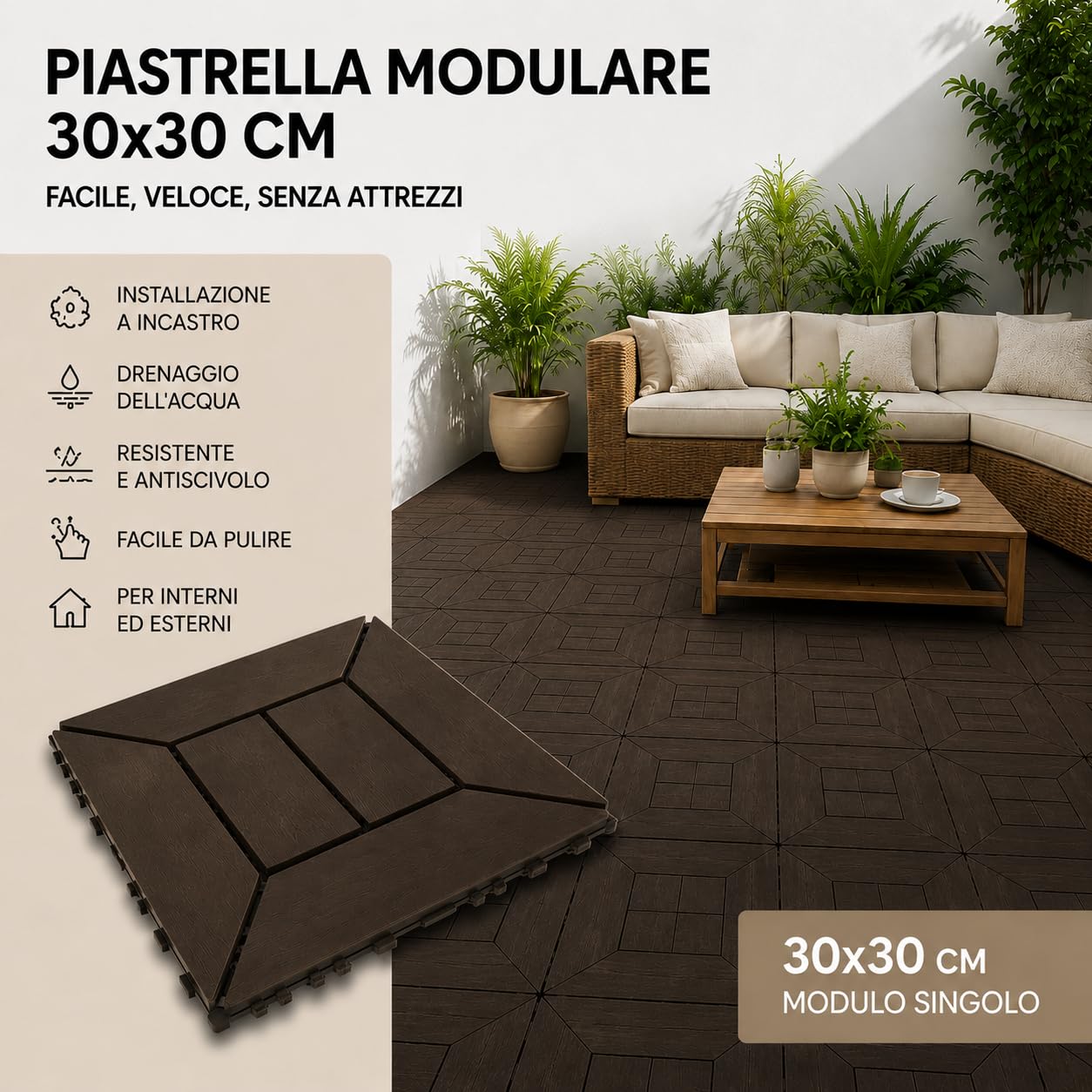 Set di Piastrelle in Plastica Moka 30x30x2h cm - Pavimento Esterno, Giardino, Sistema a Incastro, per Terrazza, Patio, Resistente - Set da (27)