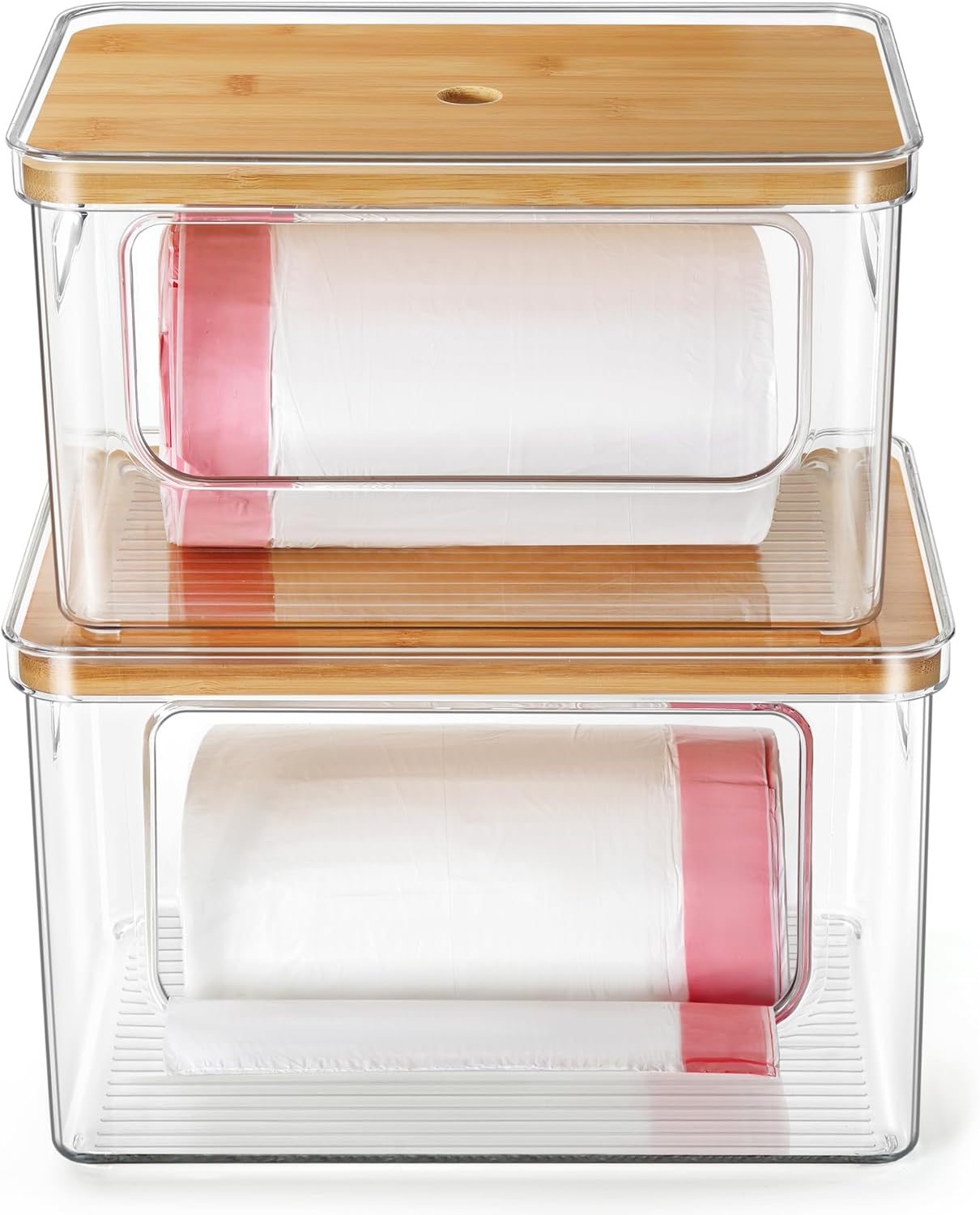 Bamboo Trash Bag Dispenser Set: Extra Large Organizer for Under Sink Bamboo Trash Bag Dispenser Set: Extra Large Organizer for Under Sink