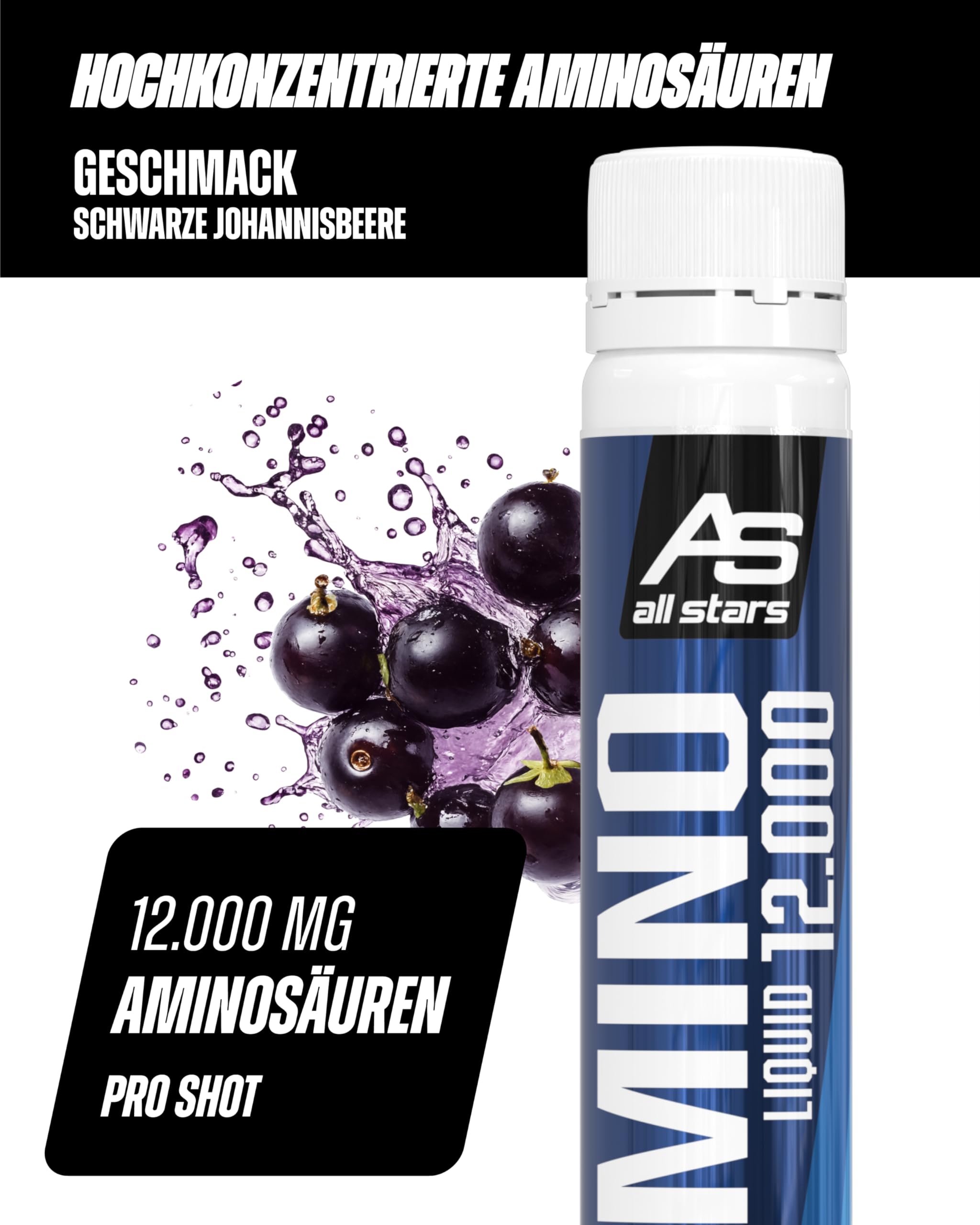 ALL STARS Amino Liquid 18 x 25ml Black Currant - Flüssiger Aminosäuren Komplex hochdosiert 12.000mg mit 12g Protein pro Portion, Nahrungsergänzungsmittel für Sportler