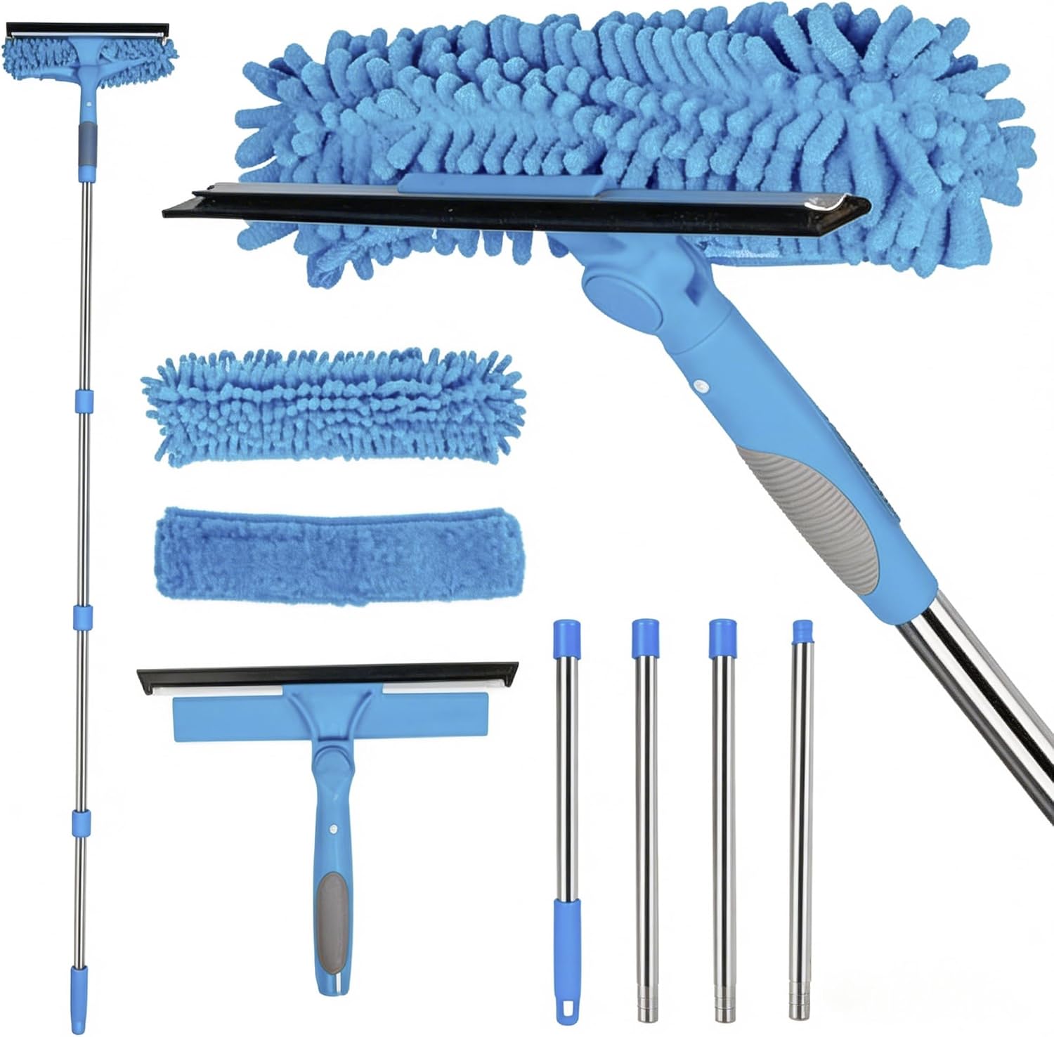 Window Squeegee Cleaner Kit - 2-in-1 Rotatable Window Cleaning Tool with Extension Pole, Professional Streak-Free Squeegee with Bendable Head for Indoor/Outdoor Windows & Car Glass (Orange, 38.45FT)