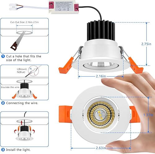 Miniatura 2 de Iluminación empotrable inteligente de 2 pulgadas, WiFi de 5 W, luz empotrada compatible con Alexa y Google Home, regulable RGB y CCT 2700-6500K,