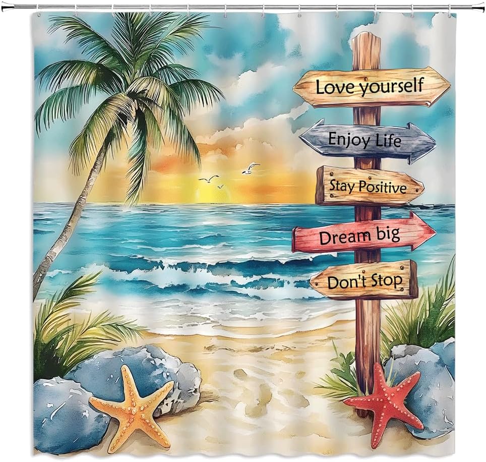 Tropical Beach Palm Tree Shower Curtain Ocean Quotes Coastal Sunset Starfish Watercolor Scenery Inspirational Art Printed Bathroom Decor Polyester Fabric Curtains with Hook 70Wx80H Inches