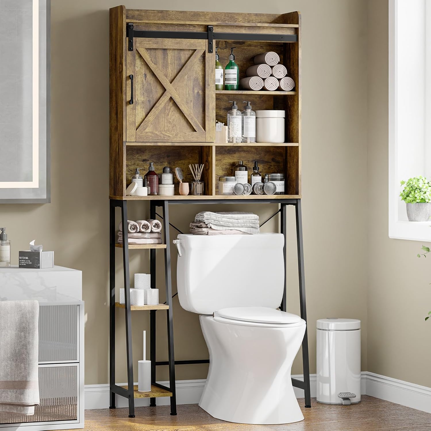 Befrases Over The Toilet Storage Cabinet, Farmhouse Storage Cabinet Over Toilet with 2 Sliding Barn Door，Home Space-Saving Toilet Rack, for Bathroom, Restroom, Laundry(White).