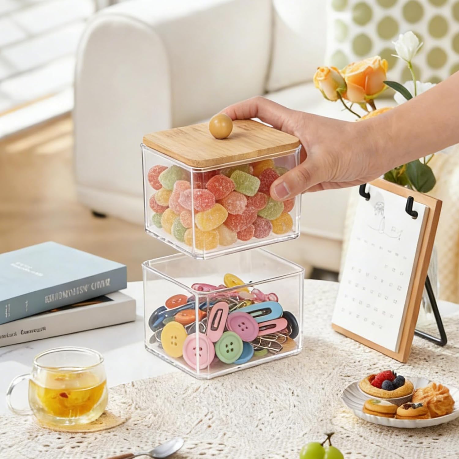 Clear Paper Clip Holder, Paperclip Holder with Bamboo Lid, Stackable