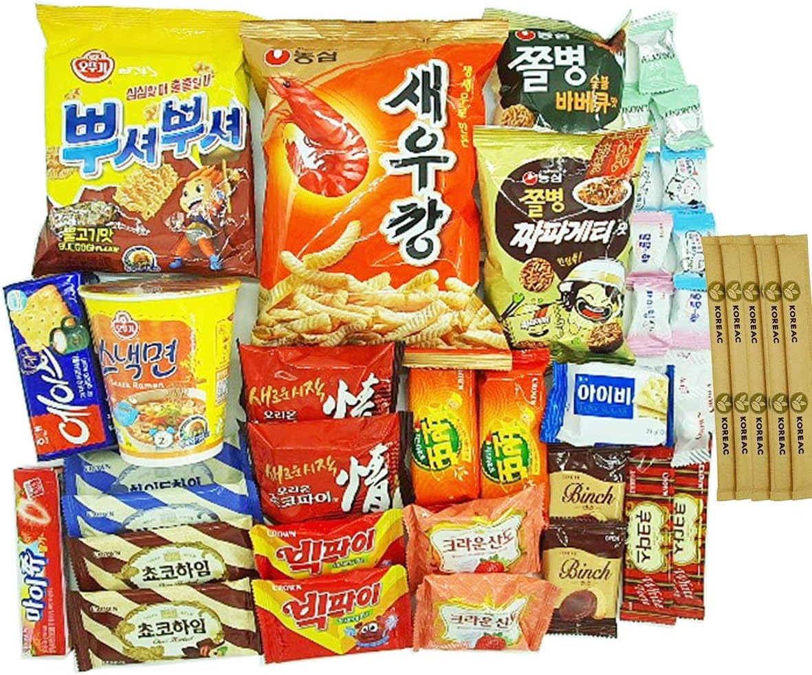 Best Korean Snack Box_ (36 count) +KOREAC chopsticks (5 pieces), various kinds of Korean snacks, Candy, jelly, cookies, pies, chips
