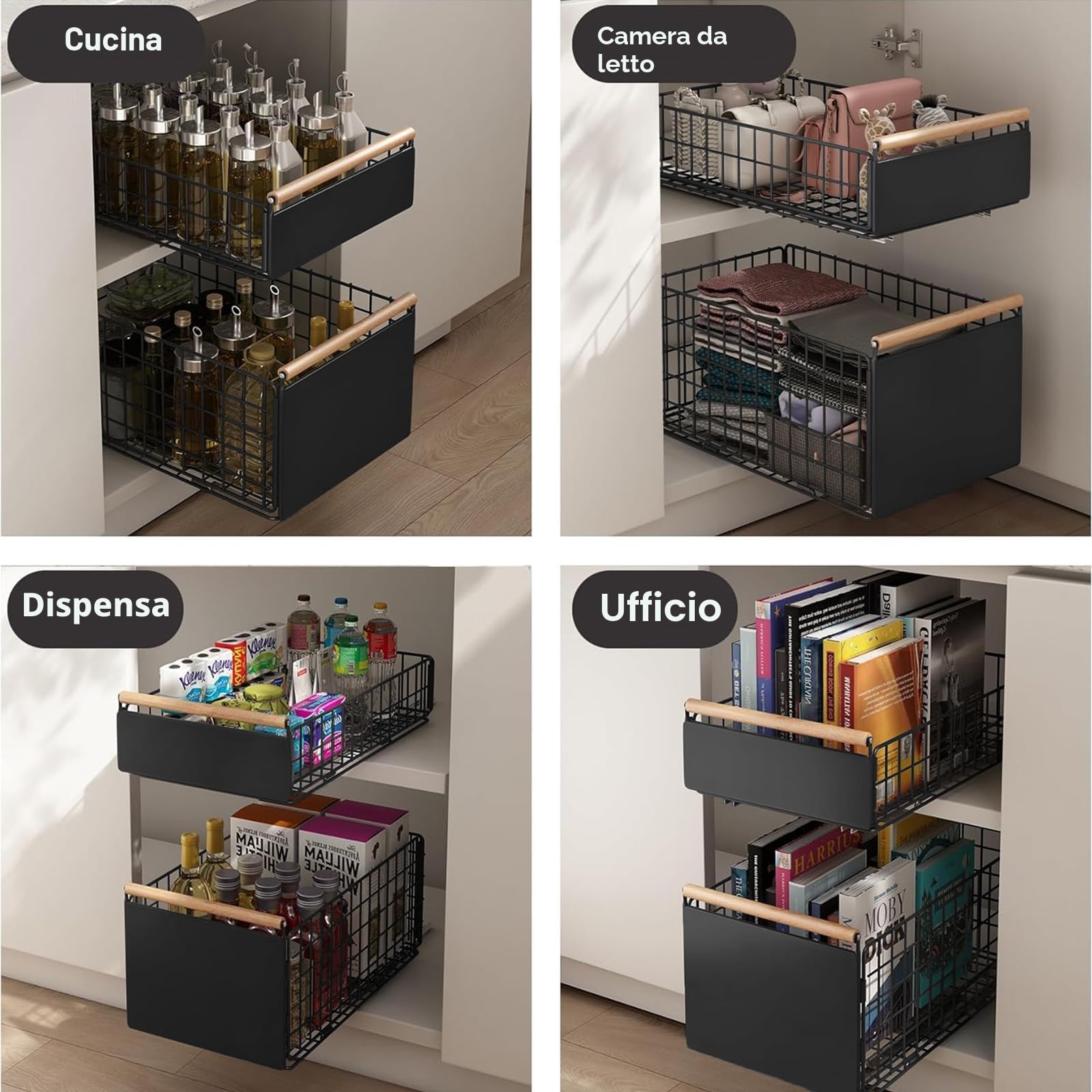 2 cassetti estraibili da cucina, cassetto telescopico, organizer per cassetti più profondi, con guide per cassetti e manico in legno, per mobili da cucina, senza forature (nero)